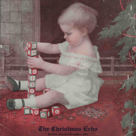 Cover of the 1916 edition of the Christmas Echo, showing a child playing with blocks that spell "Christmas"